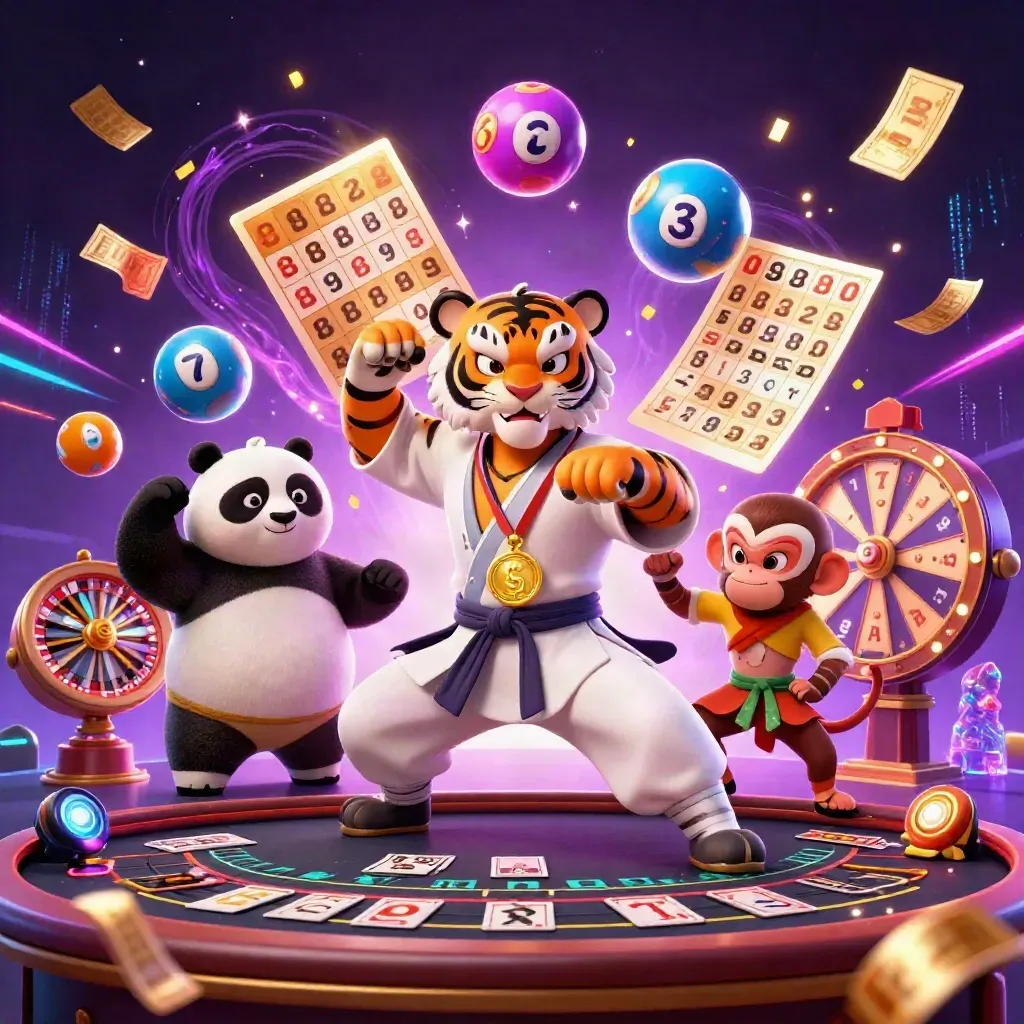 Harimau kung-fu, panda, dan monyet di kasino neon gelap dengan efek magis dan roda hadiah.