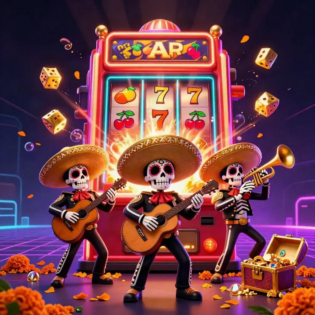 Trio mariachi tengkorak Day of the Dead dikelilingi mesin slot, emas, dan cahaya neon merah