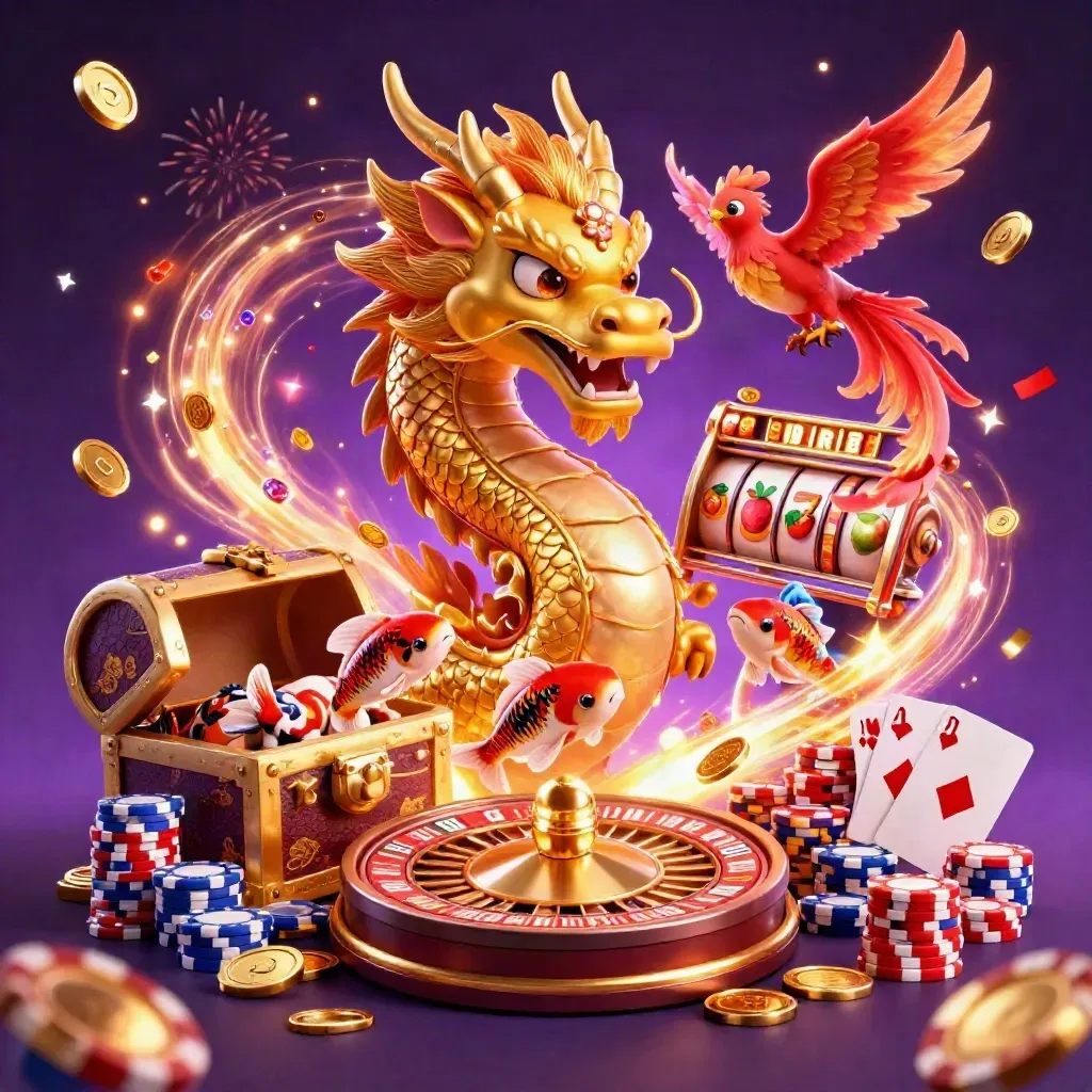 Naga emas, phoenix merah, koi, koin, kartu, dan roulette meledak di neon horor.