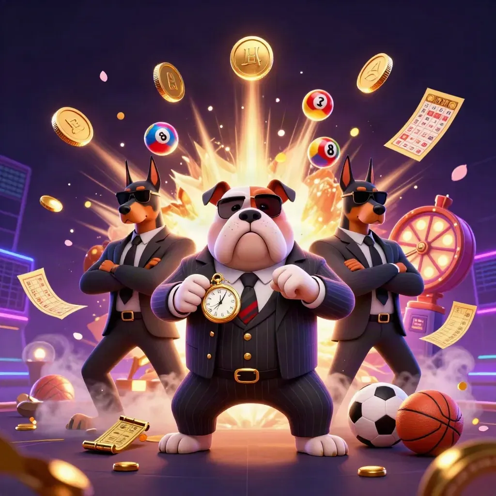 Bulldog mafia kartun dan dua doberman di tengah ledakan koin, tiket, dan efek neon horor.